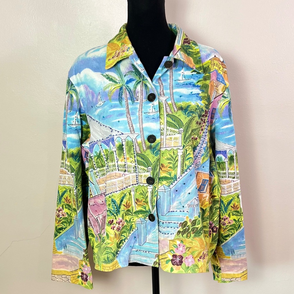 Keren Hart Tropical Beaded Jacket XL Multi Color Scenic Art Wear Cotton Eclectic